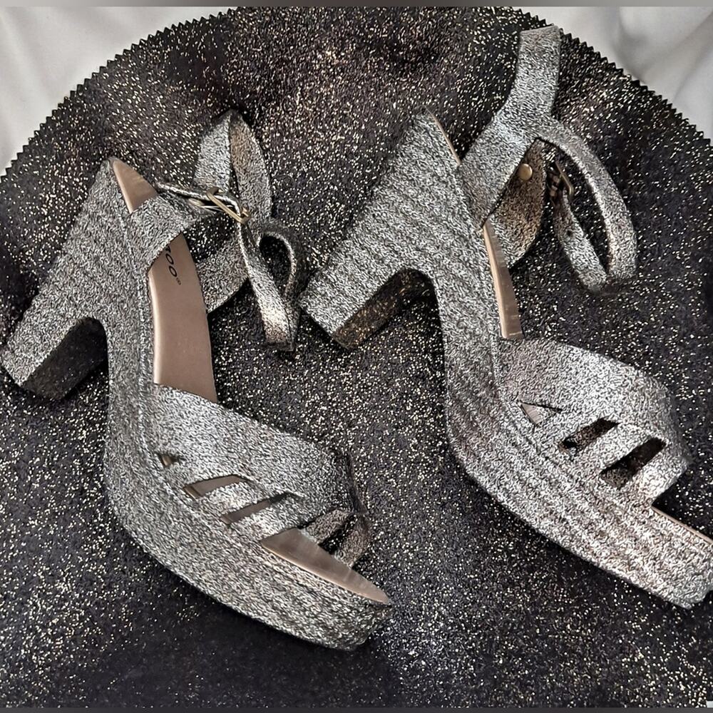 Sz 8 Silver Glitter Jelly Block High Heel Sandals Shoes NEW Platform Metallic